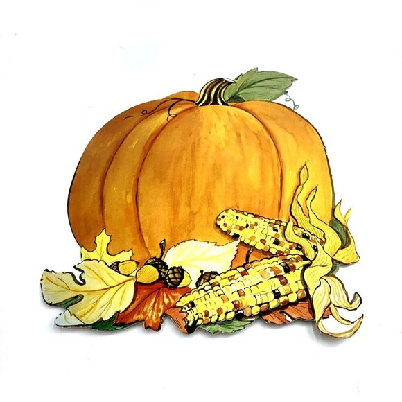 Pumpkin Corn Die Cut Pumpkin Fall Autumn Decor lot of 2 Vintage 13" FLAW - Picture 4 of 6